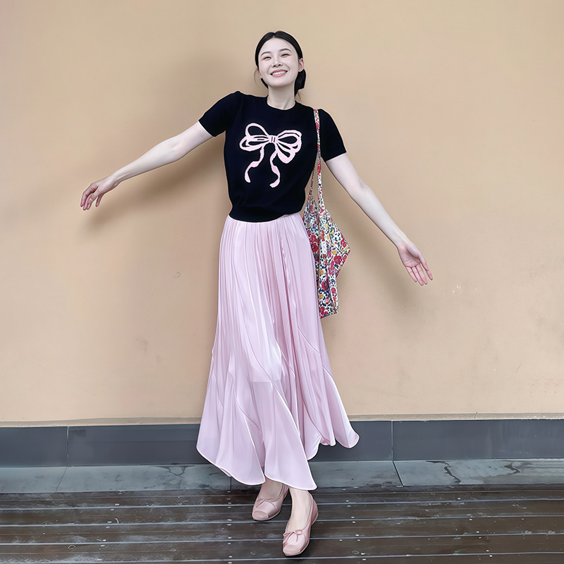韓国風ブラックリボンラウンドネック半袖Tシャツレディース2025夏ハイウエストスリムAラインスカート2点セット|undefined
