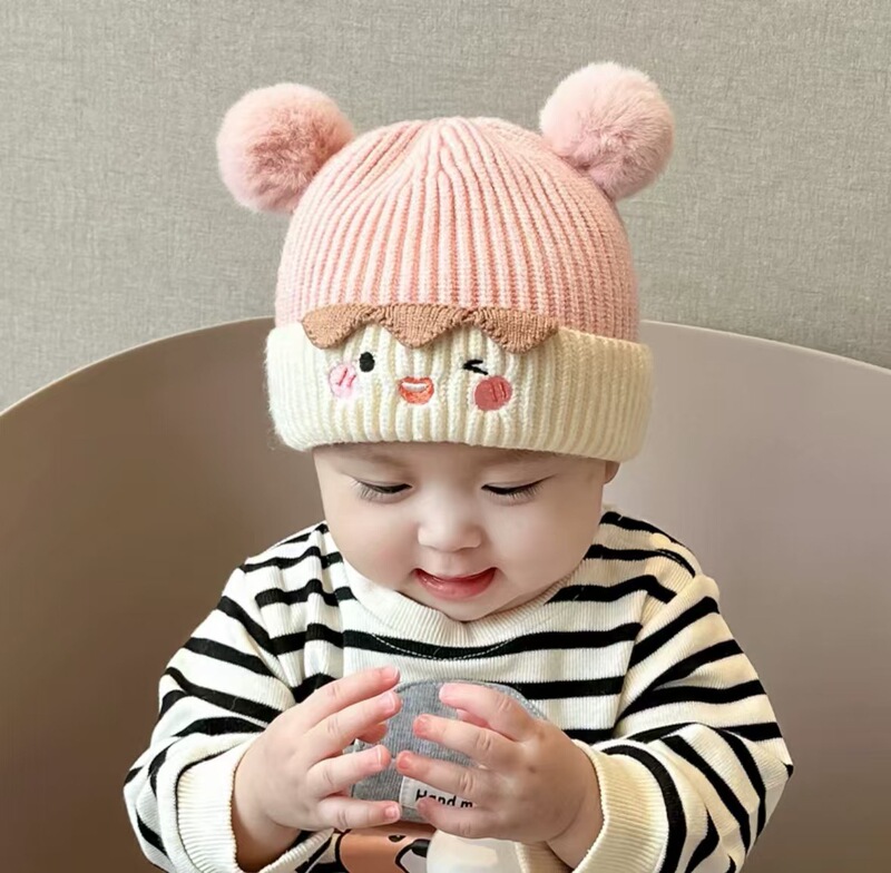 宝宝帽子秋冬季可爱毛球套头帽婴幼儿针织毛线加厚护耳男女超萌潮|undefined