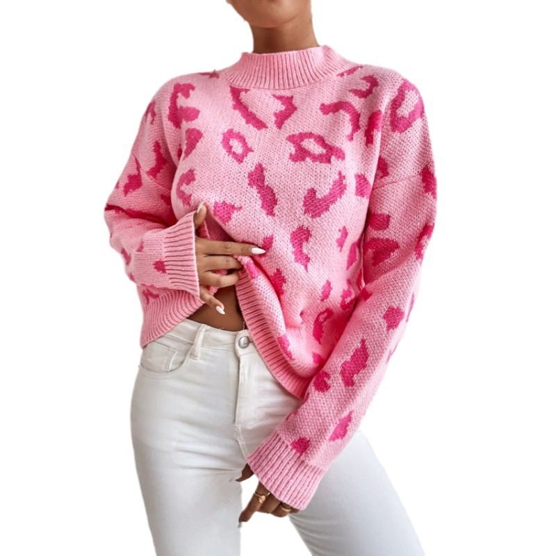 European and American cross-border foreign trade women's sweaters, fashionable pullover round neck sweaters, autumn and winter temperament leopard print jacquard tops