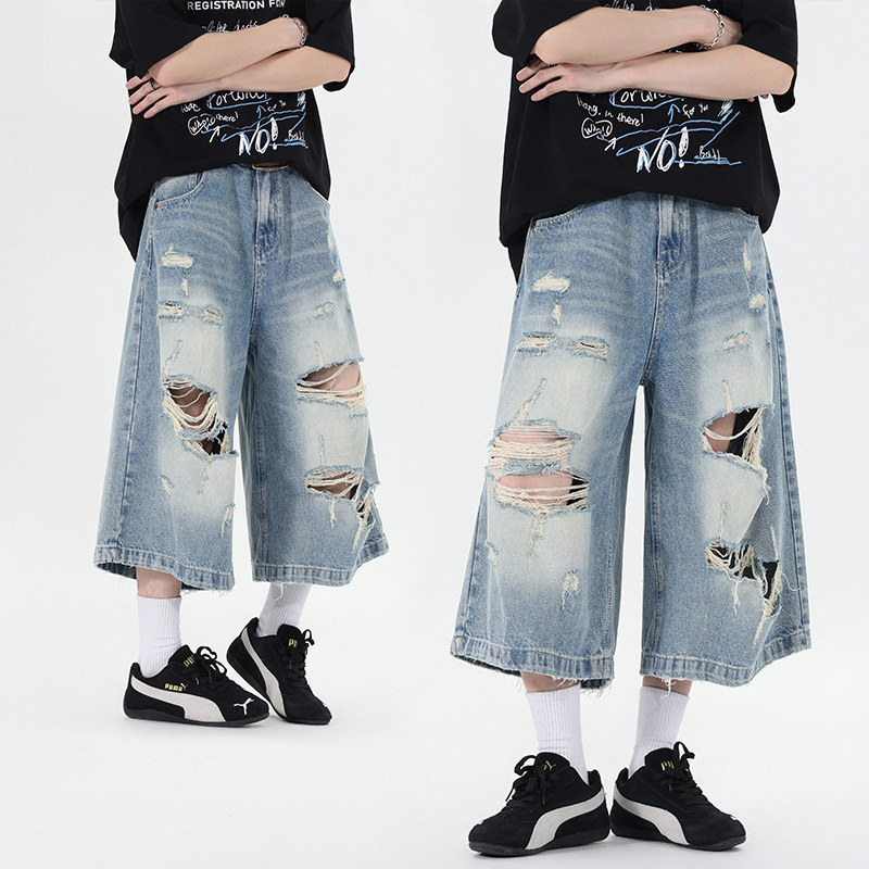 Vintage Washed Ripped Denim Cropped Pants for Men and Women, Summer Loose Fit, Distressed Tie-Dye Wide-Leg Shorts, Trendy on Instagram