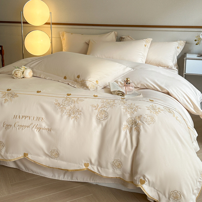 水星家纺160支纯棉磨毛加厚四件套花卉刺绣被套全棉床单床笠床品4