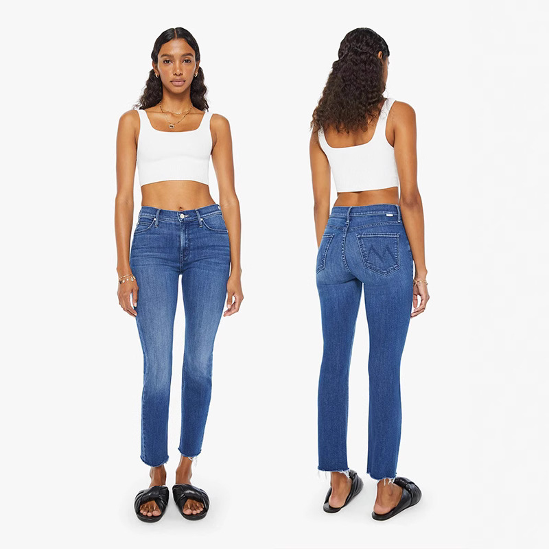 25 New Moth Fine Washed Blue Stretch Jeans Women's High Waist Nine-point Simple Slim Straight Pants
