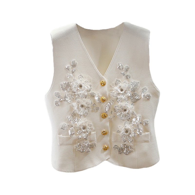 industria pesada diamante sequinilla flor tridimensional decoración de cuello en V hebilla de una sola fila delgada corto sin mangas de alta calidad chaleco de punto image 5