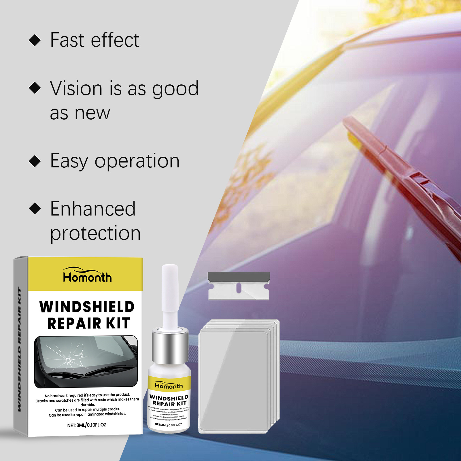 Homonth Car Windshield Care Three-Piece Set Crack Repair Cleaning Renovation Maintenance Protection Kit
