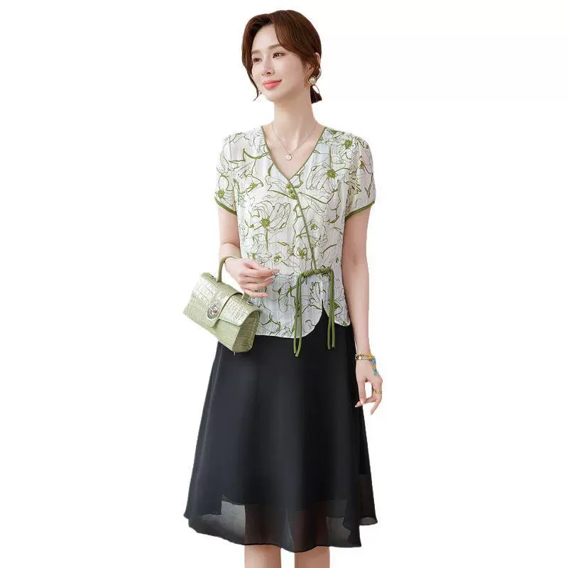 Мама летнее шифоновое платье модный темперамент поддельные две женские юбки с короткими рукавами