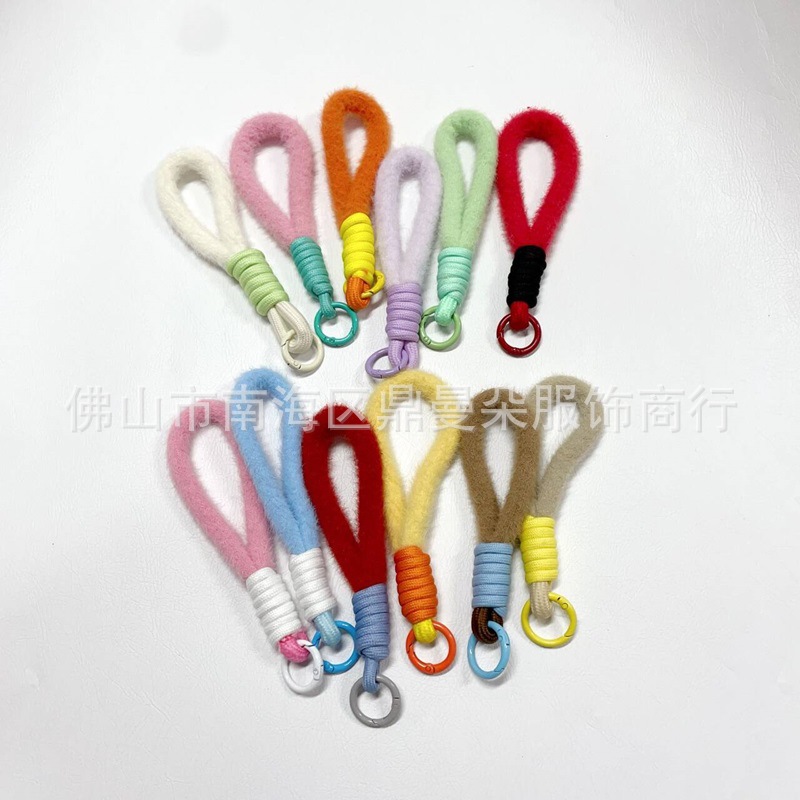 Small fresh color plush short mobile phone key chain lanyard women's fashion wool doll hanging accessories