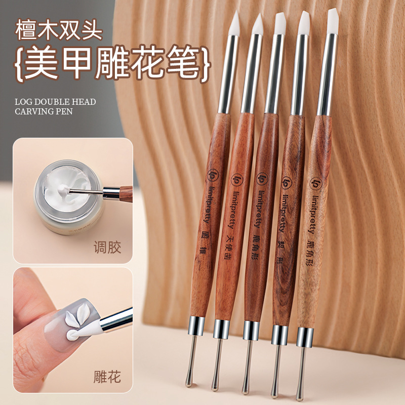 Nuevo arte de uñas de celebridades de Internet, bolígrafo tallado de dos cabezas, bolígrafo de sándalo, bolígrafo de manicura japonés, herramienta especial para tienda de manicura, venta al por mayor transfronteriza