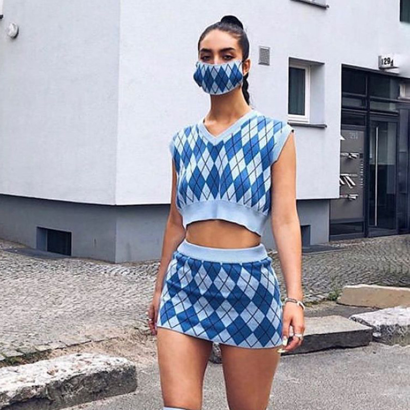 women's checkered knitted vest and skirt casual suit nihaostyles clothing wholesale NSXPF78388