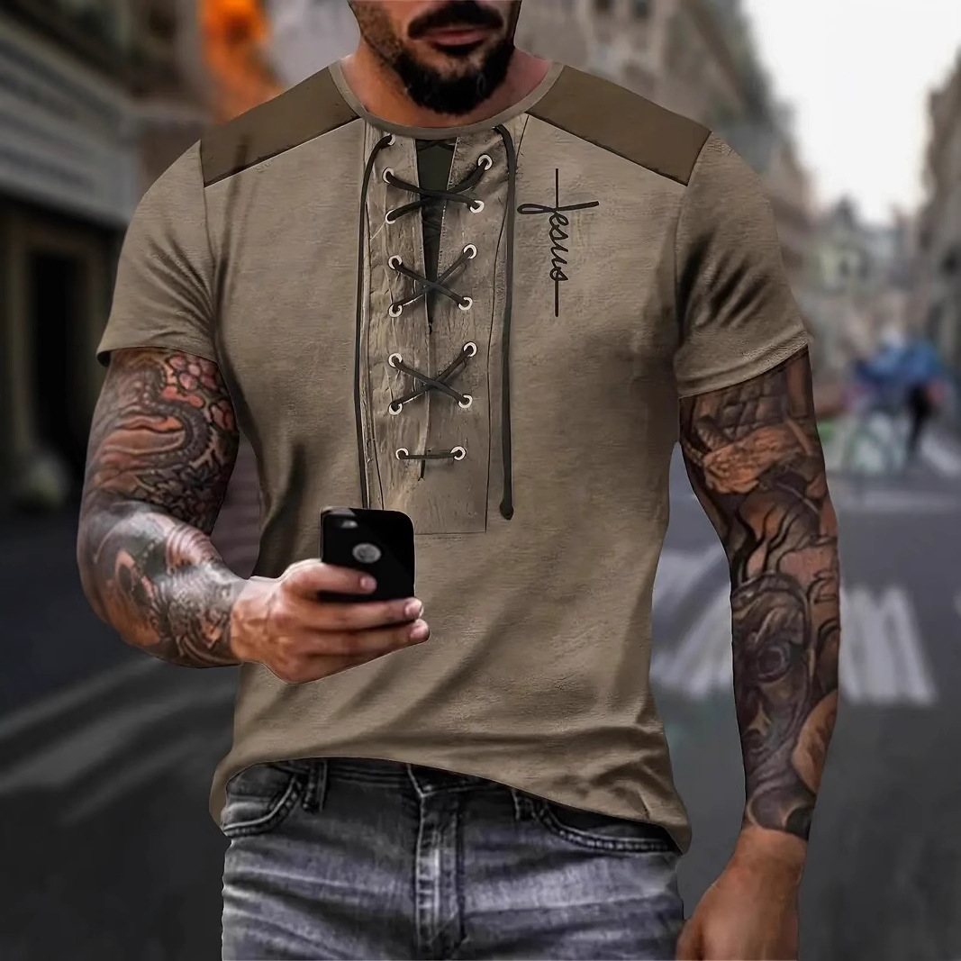 Camiseta de cuello redondo de manga corta suelta y transpirable de verano para hombres AliExpress Europa y América Venta caliente pseudo cordón decoración impresión 3D