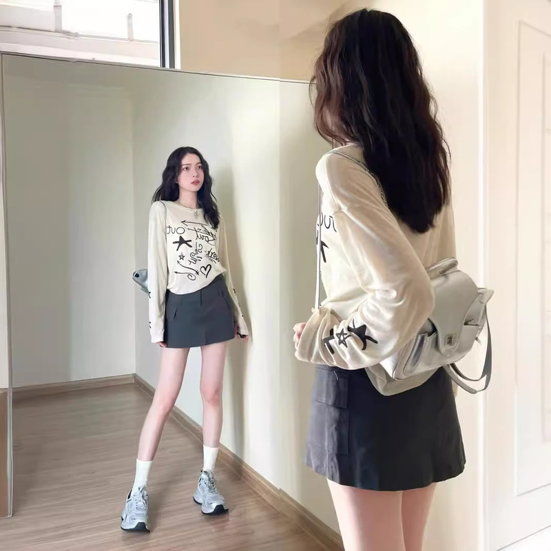 White Printed Ice Silk Sunscreen Long-sleeved T-shirt Women's Summer Thin Draped Loose Outer Air Conditioning Blouse Top for Summer