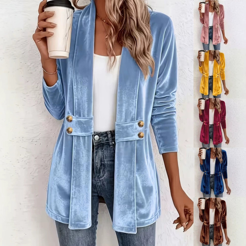 2026 New Cross-Border TikTok Women's Double-Breasted Decorative Gold Velvet Cardigan, Casual Versatile Mid-Length Top 2026 New Cross-Border TikTok Women's Double-Breasted Decorative Gold Velvet Cardigan, Casual Versatile Mid-Length Top