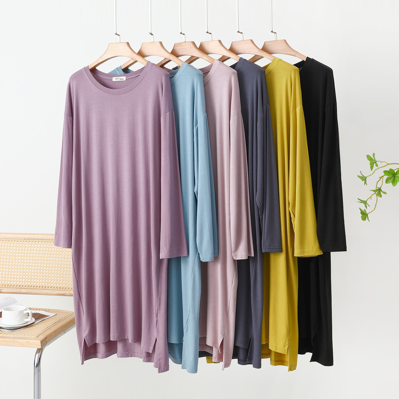 Bit Cotton Long-Sleeved Dress Spring and Summer Thin Pajamas for Women Korean Style Slit Loose Large Size Over-The-Knee Extended Nightgown