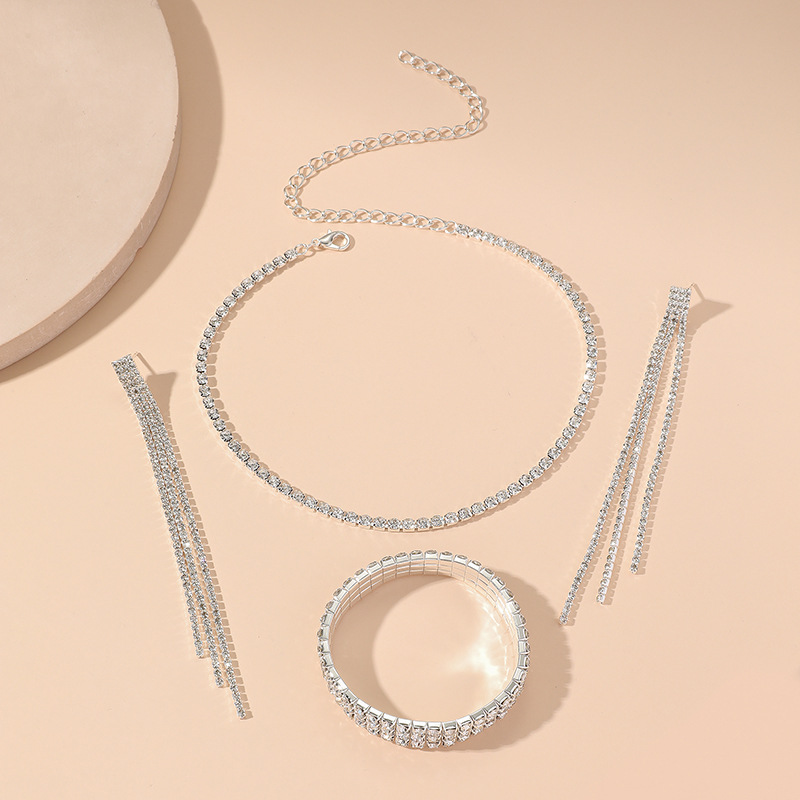 银色-三件套(一排颈链+三排手环+三排耳环)-十银色系列 (