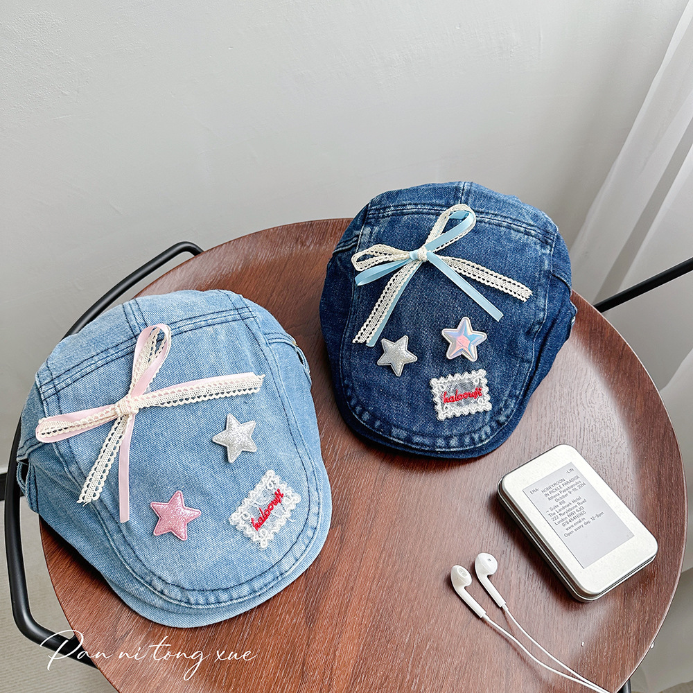 日系复古做旧牛仔帽春夏甜酷蝴蝶结贝雷帽女y2k亚文化牛仔前进帽