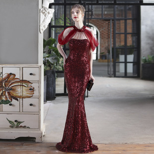 18625# sequined mesh toast dress bridal long thank you banquet halter fishtail wedding car model exhibition dress