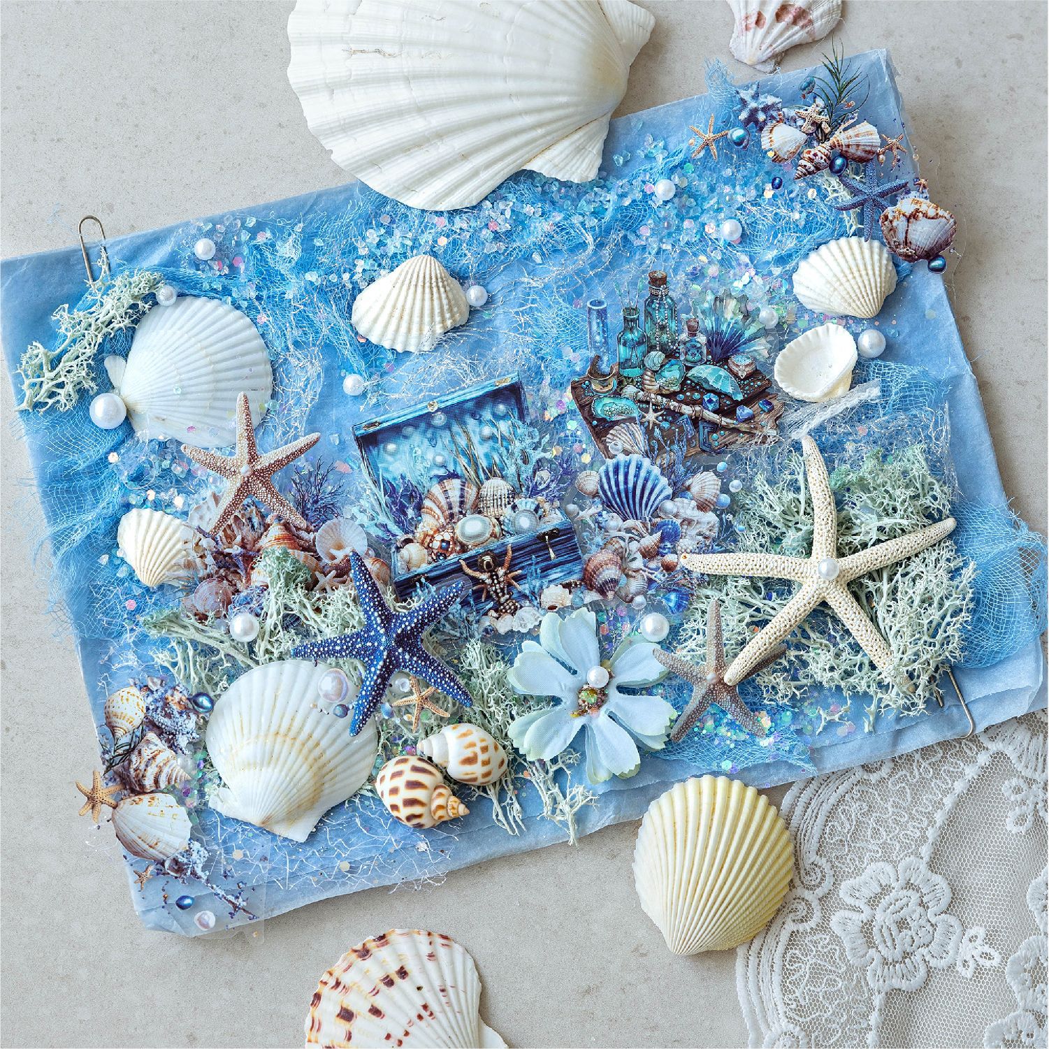 Bolsa de pegatinas de doble disfrute de Mo Mo, serie de paisajismo extremadamente compleja, bolsa de material de libro de bricolaje con tema de encaje de concha