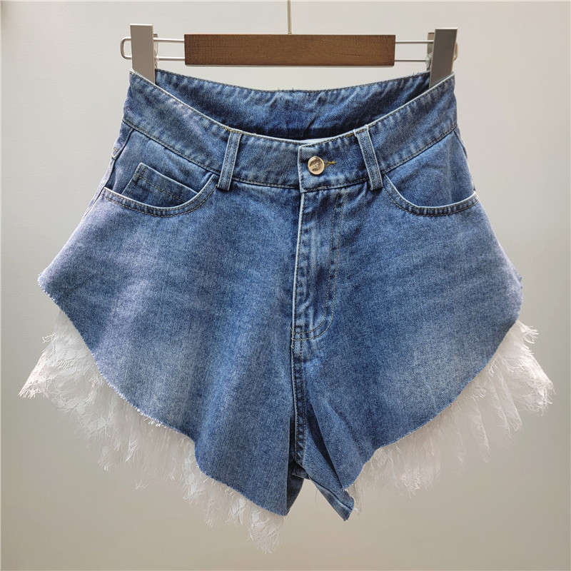 Pantalones Cortos Jeans de Pierna Ancha para Mujer de Denim, Cintura Media, Con Encaje y Lavado