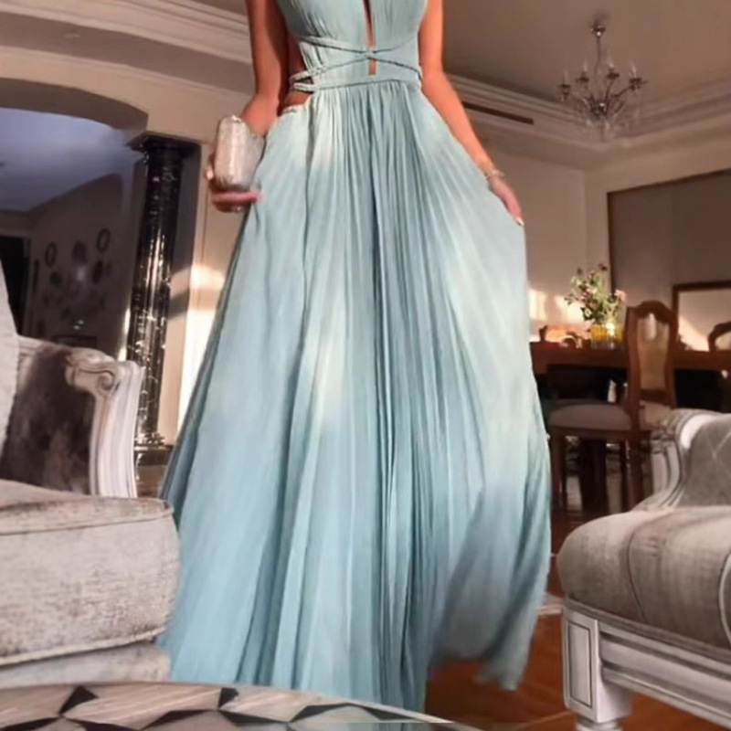 25 Summer New Amazon Cross-border Hot Sale Pleated Lace-up Sleeveless Backless Solid Color Slim-fit Large dress 25 Summer New Amazon Cross-border Hot Sale Pleated Lace-up Sleeveless Backless Solid Color Slim-fit Large dress