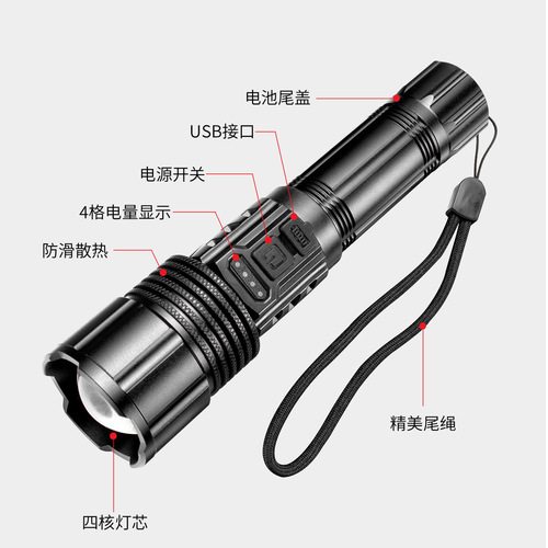 Cross-border new P50 aluminum alloy telescopic zoom LED flashlight USB charging high-intensity long-range COB work light