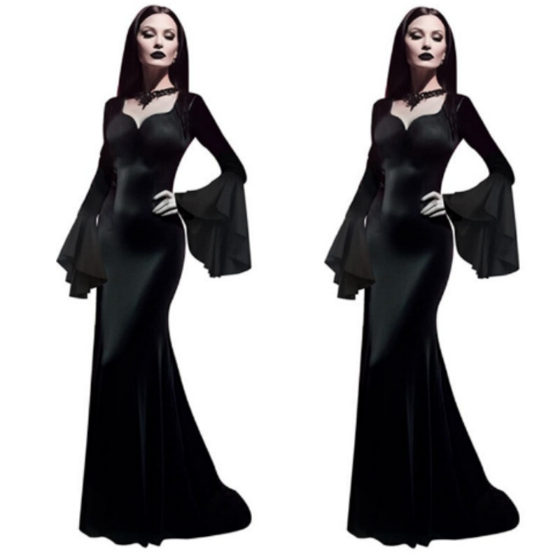 Halloween Morticia Adams Spirit Long Black Adams Family dress Vintage Gothic Maxi Dress