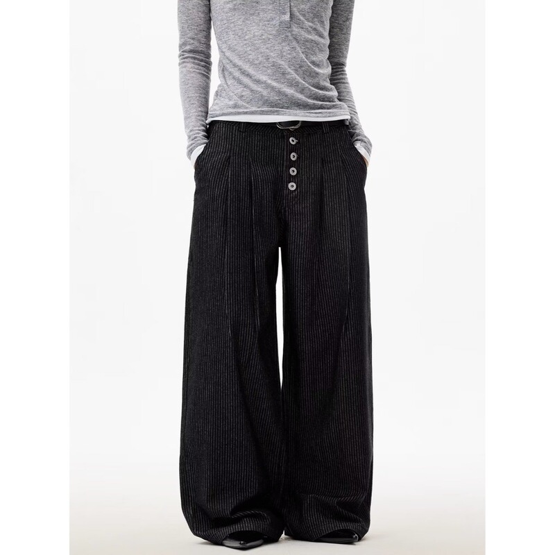 American High-End Buttoned Design Jeans Wide-Leg Trousers Men's High Street Handsome Double Pleated Striped Casual Pants