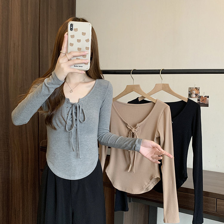 Sexy U-Neck Chest-Revealing Lace-Up Design Top for Women, Pure Lust Style Threaded Long-Sleeved Tight T-Shirt with Curved Hem Bottoming Shirt Sexy U-Neck Chest-Revealing Lace-Up Design Top for Women, Pure Lust Style Threaded Long-Sleeved Tight T-Shirt with Curved Hem Bottoming Shirt