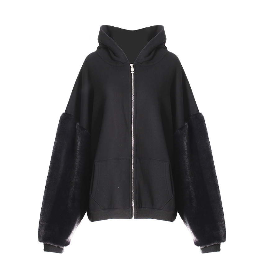 Winter Hooded Fleece lined Furry Sleeves Sweatshirt Women Idle Casual Loose Sleeve Length Cardigan Outerwear Top