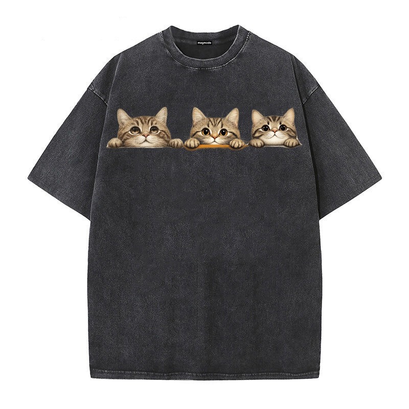 Drew European and American Vertical-Eared Cat Fun Short-Sleeved T-Shirts for Men and Women Trendy Casual Loose Summer Couple Pure Cotton T-Shirts
