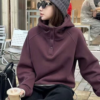 加绒加厚防风领连帽卫衣女2026秋冬新款休闲宽松百搭保暖打底上衣