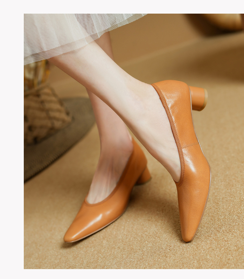 Giày cao gót nữ mũi nhọn miệng nông da bò mềm gót vuông 3,5 cm — Màu cà tím chi tiết 9