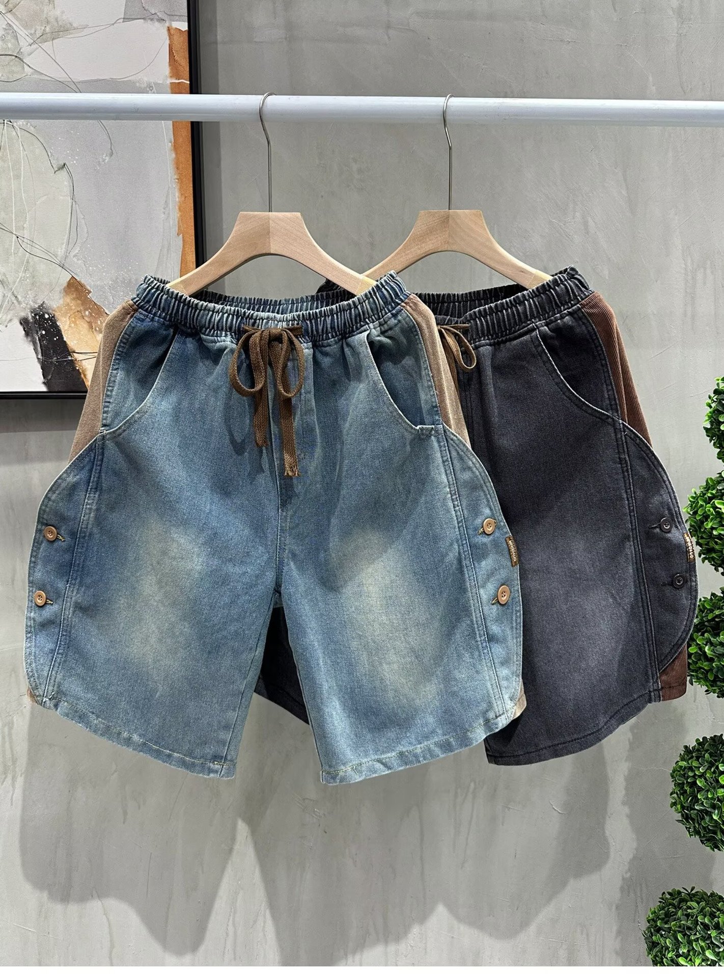 Men's Retro Distressed Denim Shorts Summer Casual Loose Fit Color Block Five Point Drawstring Elastic Waist Plus Size Mid-Length_mkmklike.com