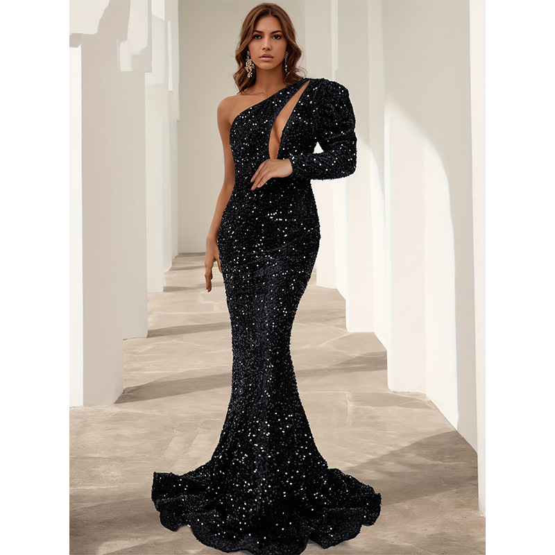 European and American Shoulder Evening Dress 2024 New Single Sleeve Fishtail Dress Sexy Slim Split Dress Evening dress