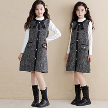 女童小香风套装秋冬款蝴蝶结细闪小香风马甲裙小女孩打底衫套装