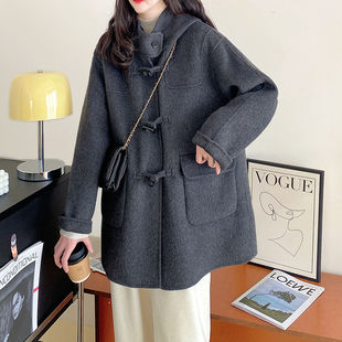 Double-Sided Cashmere Outwear for Women, Autumn and Winter Preppy Style Hooded Korean Style Age-Reducing Loose Mid-Length Wool Thickeneded Outwear