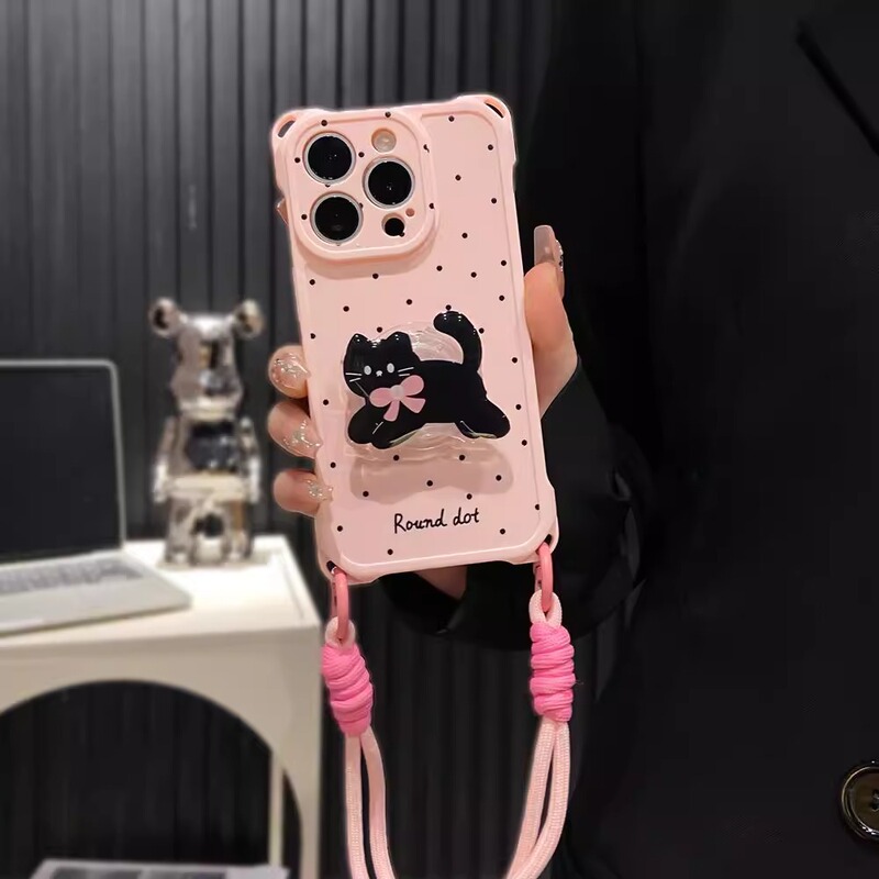 水玉模様 英語対応 Apple 16 携帯電話ケース 15pro Apple 16ProMax カップルモデル 14 ストラップ付き 13/12|undefined