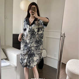 抖音爆款睡衣女 家水墨画 时尚衬衫领家居睡裙图片色均码半