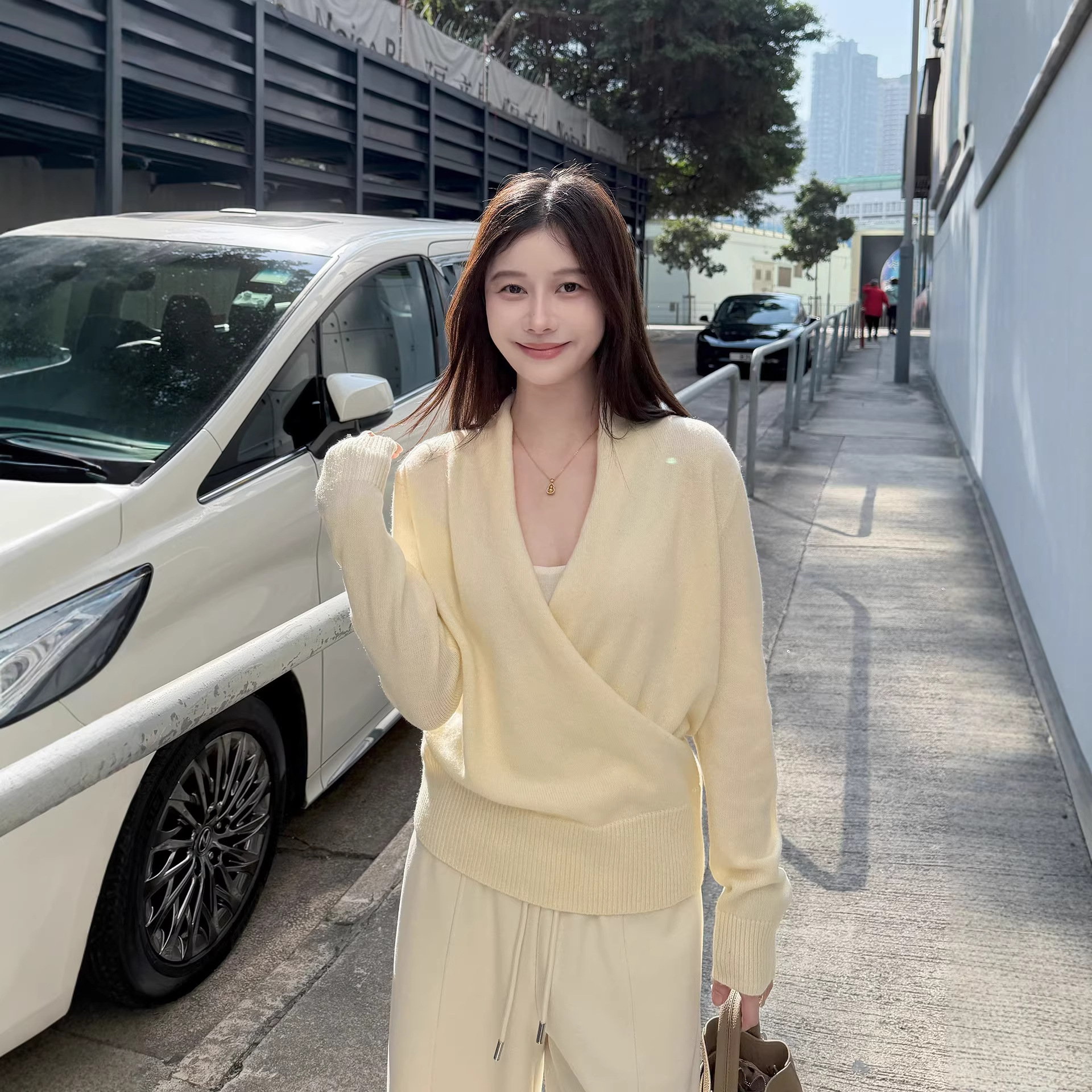 百视旺服饰 小众设计感V领羊毛针织衫女早春新款侧缝收腰显瘦上衣