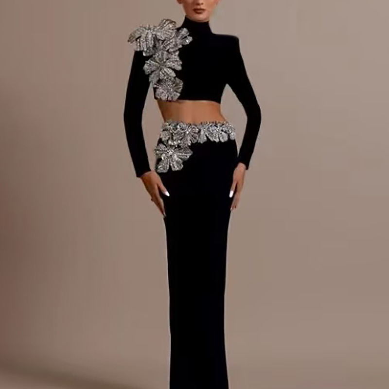 Fashion suit Heavy Industry Set Diamond Crewneck Long Sleeve Top High Waist Skirt Two-Piece Bandage Skirt Party Dress
