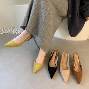 Velvet high heels stiletto heel pointed toe closed toe sandals women's shoes French style 2024 new summer elastic band back empty shoes
