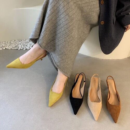 Velvet high heels, stiletto heels, pointed toe toe sandals, women's shoes, French style 2024 new summer elastic band back empty shoes