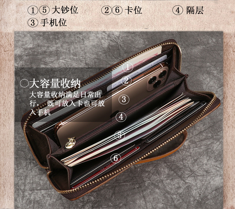 Ví cầm tay nữ da bò dập nổi phong cách retro — Vàng cổ điển, Xanh lam cổ điển chi tiết 9