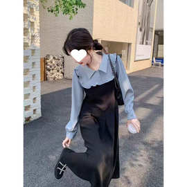 大码法式气质假两件撞色衬衫裙女2025秋冬新款收腰显瘦气质连衣裙