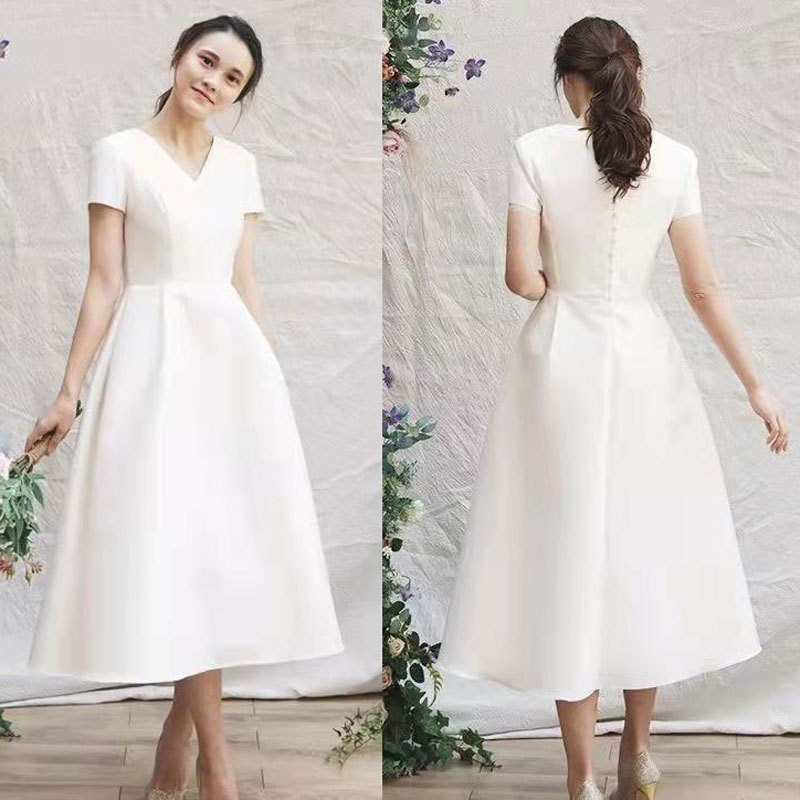 Comercio exterior europeo y americano Amazon AliExpress deseo elegante vestido de novia con cuello en V simple vestido de novia de satén vestido de longitud media