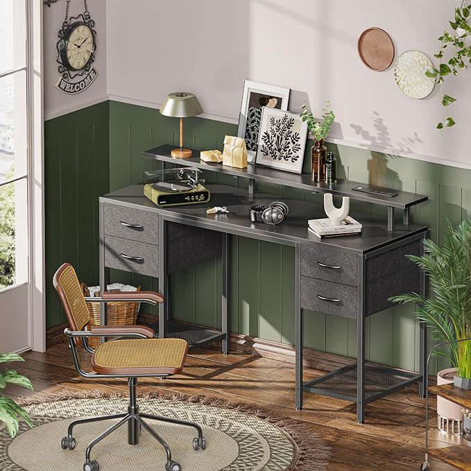 55inch Computer Desk with 4 Drawers, Gaming Desk with Led Lights and Power Sockets