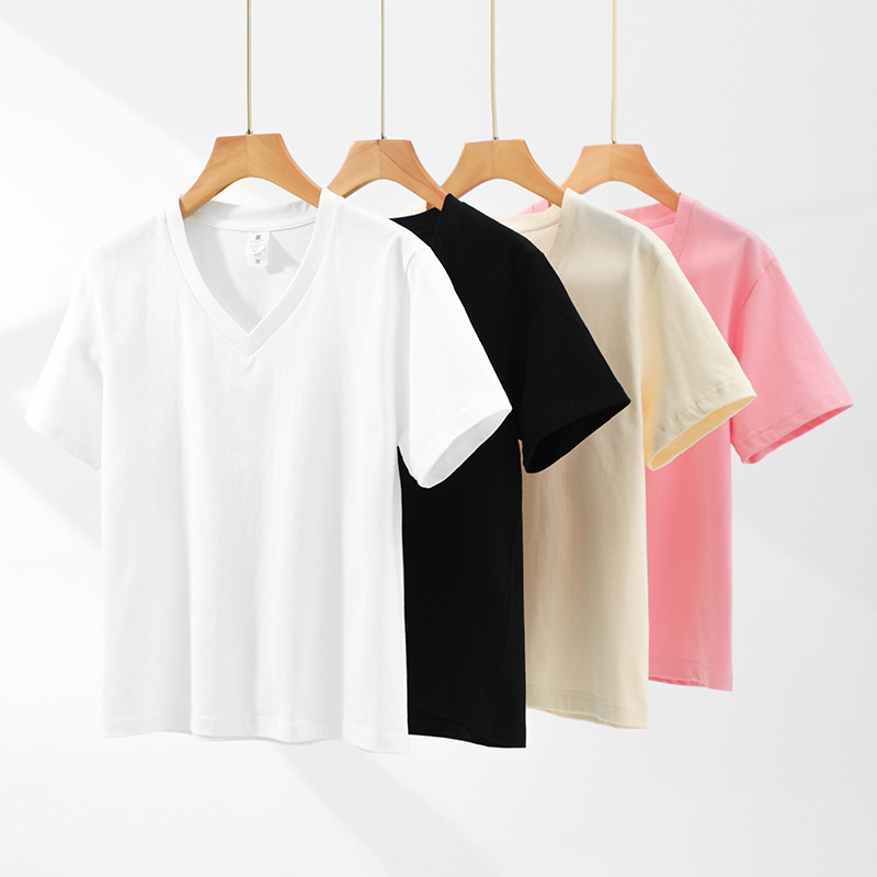 White Pure Cotton V-Neck Short-Sleeve T-Shirt for Women, Popular Summer Loose Top, Petite Half-Sleeve Shirt, Sweetheart Neckline, Wholesale White Pure Cotton V-Neck Short-Sleeve T-Shirt for Women, Popular Summer Loose Top, Petite Half-Sleeve Shirt, Sweetheart Neckline, Wholesale
