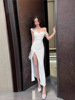 Long formal dress， women's unique temperament， high slit mesh patchwork bra dress