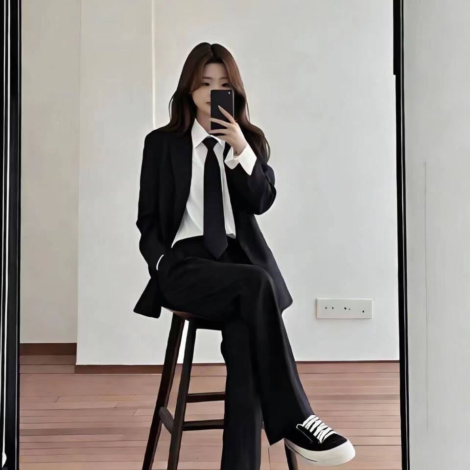Bộ vest nữ công sở áo khoác vest đen dài tay kèm quần tây ống đứng — Quần tây ống đứng một chiếc, chiều dài quần khoảng 97cm, Áo khoác vest đơn chiếc, Áo khoác vest đơn + Quần tây ống đứng màu đen tuyền