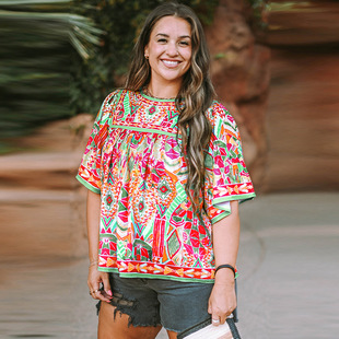 2025 New Summer Style Large Size Loose Off-Shoulder Half-Sleeved Tops for Women Independent Station Fashionable Color Matching Printed Chiffon Shirts for Women