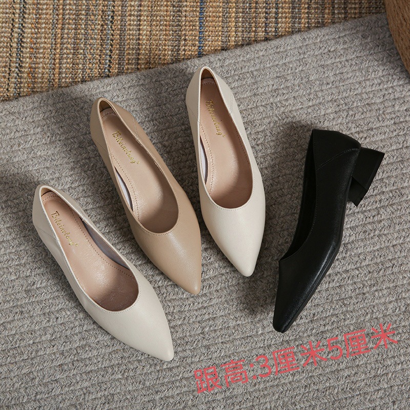 Pointed toe chunky heel low-cut single-layer shoes for women 2023 Spring and Autumn New Internet celebrity versatile soft surface low heel pumps black work shoes