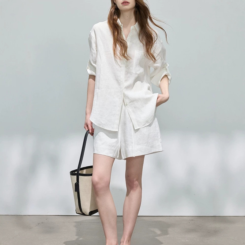 COUNTONE Relaxed Summer/Leisurely Casual Style Full Linen Oversized Collared Shirt/Shorts Sun Protection Set